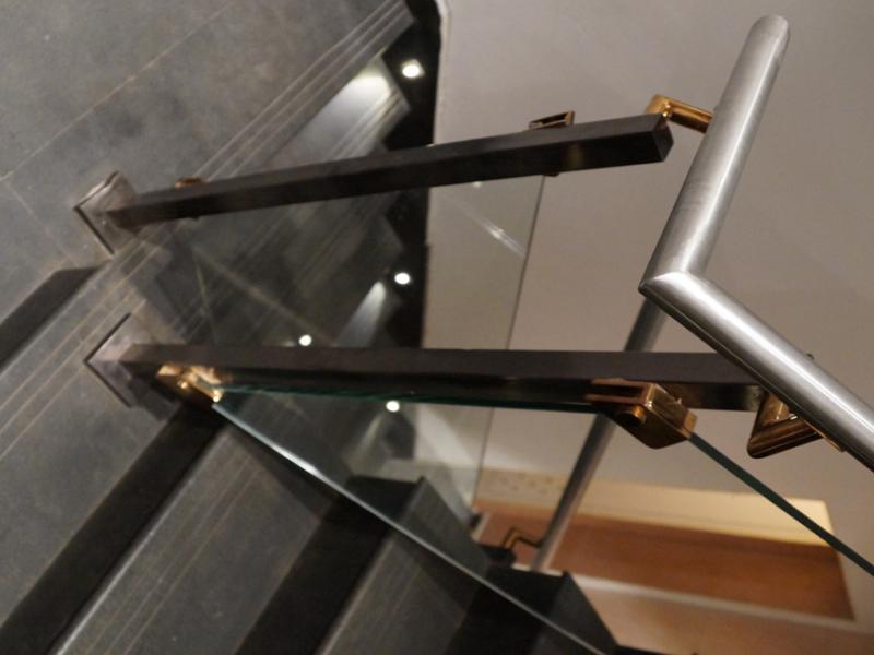 PVD Black Stainless Steel Balustrade with  PVD Rose Gold components and glass upholds And Plain Handrail designer railing